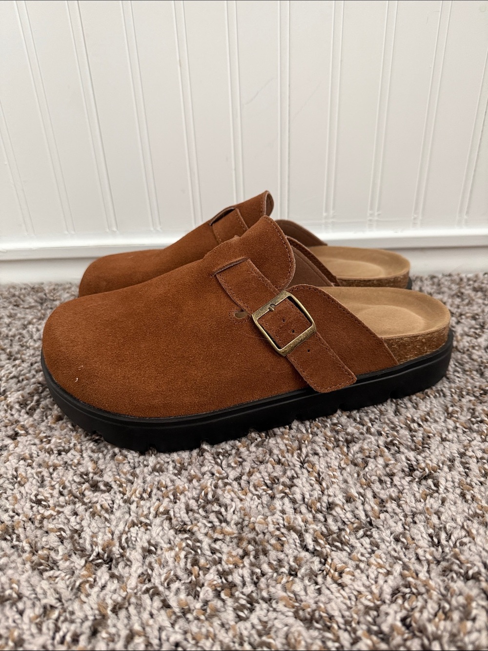 Women's Suede Slip-On Clogs with Buckle in Brown